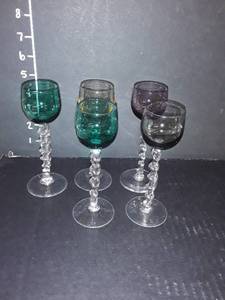 lot 1033 image: 5pc. Multi Colored Cordial Aperitif with Clear Twisted Stems