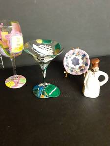 lot 1035 image: 2Hand Painted Drinking Glasses by Artist Lolita Yancey. Also Takahashi Bell and A Glass Bowl with Stand