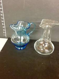 lot 1089 image: Blue Pinched Glass Pitcher and a Pinched Wine Decanter