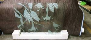 lot 1109 image: Etched glass fireplace screen with hummingbird on heavy stone base with backlight  33 x 50 x 6 in
