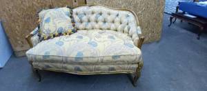 lot 1113 image: French Louis XV Bergere Provincial curved down filled settee with accent pillow