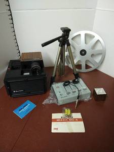 lot 1522 image: Bell and Howell projector with tri-pod, reel, Elmo brand mixer and more