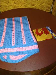 lot 1551 image: Pink and blue crotched throw blanket with a Scottish flag