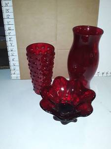 lot 2037 image: Red Colored Decor. Bowl, Vase, and Hurricane Glass