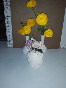 lot 2039 image: 3 White Colored Vases with faux flowers