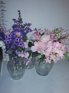 lot 2053 image: 3 glass vases. 2 have faux flowers