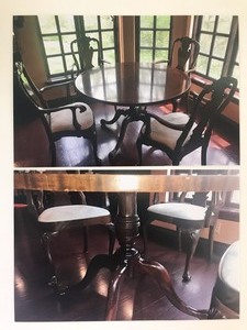 lot 1124 image: Queen Anne round mahogany table ivory print fabric on the chairs 30 x 48 x 48 in.
