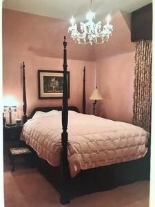 lot 1577 image: Chippendale wooden queen size 4 poster bed frame with boxspring. Posts are 84 in tall