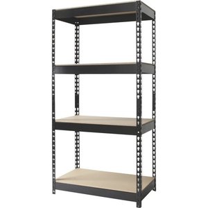 lot 1283 image: Iron Horse 3800 lb Riveted Shelving, 4-Shelf, 60Hx30Wx16D, Black- Retail$103.99