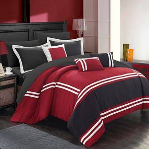 lot 1308 image: Chic Home 10 Piece Zarah Supersoft Oversized Pieced Color Block Banding Collection Comforter Set, King, Red