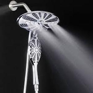 lot 1233 image: AKDY Oval Chrome Shower Head 2-in-1 Multi-Function 3 Settings Massage Jets w Handheld Wand- Retail$79.98