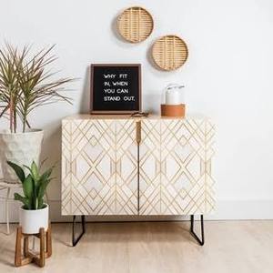 lot 1258 image: Deny Designs White Geometric Credenza (Birch or Walnut, 3 Leg Options)- Retail$619.99