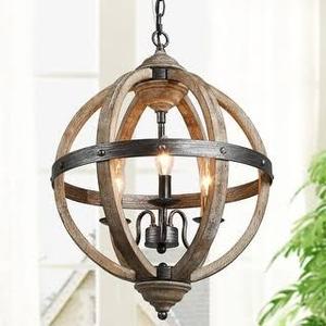 lot 1317 image: Farmhouse Antique Wood 3-Light Chandelier Global Hanging Pendant for Dining Room Kitchen Island - W 15.7x H 21.5- Retail$299.99