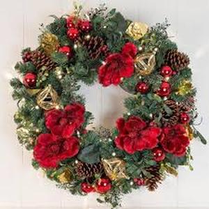 lot 1390 image: Village Lighting 30 Pre-Lit Led Wreath - Red Magnolia