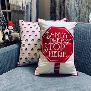 lot 1395 image: Home Reflections Set of 2 Affirmation Holiday Pillows Santa Stop Sign