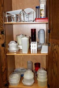 lot 8160 image: Cabinet Full of Food Storage Containers, Tupperware, Wire Cupboard Shelf, New Rubbermaid Twin Turntable  more