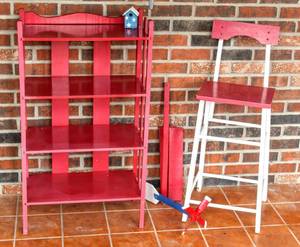 lot 8145 image: Red & White Decor - Red Shelving Unit 37 T x 31 W, Bar Stool  Wind Spinner & Decor