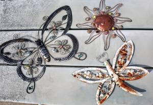 lot 8146 image: (3) Outdoor Metal Wall Art Pieces - 16 Sun, 24 Butterfly   17 Dragonfly