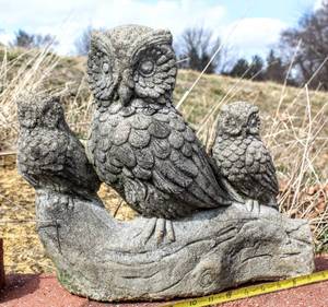 lot 8149 image: Trio of Owls Outdoor Concrete Sculpture 16 x 13