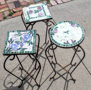 lot 8170 image: (3) Foldable Mosaic Side Tables Plant Stands 23 Tall