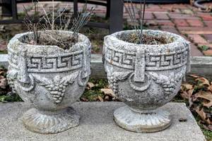 lot 8173 image: (2) Decorative Concrete Planter Urns - Grape Design 14 x 13