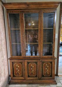 lot 8125 image: Lighted China Cabinet Accented with Detail of Wire in Glass Side Doors