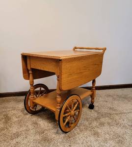 lot 8128 image: Solid Wood Maple Wagon Wheel Drop Leaf TeaBar Cart