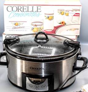 lot 8235 image: Crock-Pot w Locking Lid and Timer - Works  (2) Boxes of Corelle Coordinates Abundance Glasses (20 Glasses)