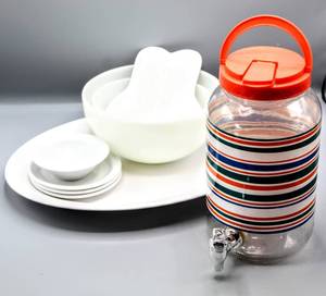 lot 8237 image: White Dishware including (2) White Fire-King Bowls  Glass Sun Tea Drink Dispenser