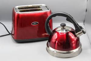 lot 8245 image: Red Kitchen Lot - Oster Toaster  Whistling Tea Kettle