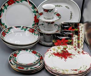 lot 8246 image: Holiday Christmas Dishes and Serving Platters - 222 Fifth Winter Harmony - Teinshan Fine China Deck The Halls - Corelle