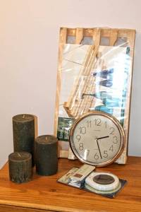lot 8263 image: Quartz Wall Clock, Candlesense Warmer, (3) Green Candles  Wood Hanging Glass Rack (new in package)