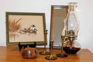lot 8267 image: Variety of Home Decor - Signed Water Fowl Art 78, (3) 7 Brass Candlesticks, 13 Vintage Glass Oil Lamp,  Floral Carved Coasters  Floral Inlay