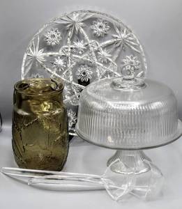 lot 8249 image: Vintage Glass & Crystal Serving Pieces - Green Glass Pitcher, Cake Stand, Cut Crystal Server  (2) Ladles