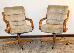 lot 8258 image: (2) Upholstered Oak Rolling Chairs