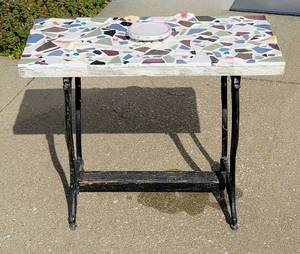 lot 8196 image: Unique Mosaic Table with Decorative Iron Base