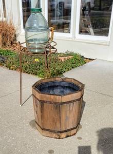 lot 8197 image: Vintage Glass Fly Wasp Trap Jar, Wooden Plant Pot and Plant Stand