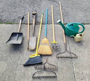 lot 8203 image: Yard and Garden Tools - Shovel, Metal Rake w2 extra Rake Heads, Brooms, Hand Tiller  Watering Cans