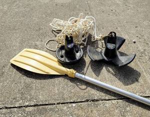 lot 8204 image: Greenfield Vinyl Coated Mushroom Anchor  Vinyl Coated River Style Anchor and (1) Sevylor Oar