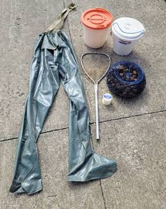 lot 8205 image: Fishermans Waders, Wire Mesh Fish Trap, Minnow Buckets, Net  Fishing Line