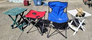 lot 8209 image: (2) Collapsible Rectangular Camping Side Tables, (1) Square with Drink Holders Collapsible Table, (1) Camp Chair  (4) Small Tiki Torches