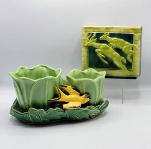 lot 8270 image: McCoy Two Toned Green Double Tulip Planter with Bird - Double Cache Pot  Mid Century Art Deco Ceramic Deer Vase