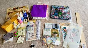 lot 8294 image: Variety Craft Lot - Transfers, Wallies, Appliques, Glue, Laminate It, Glitter Glue, Wood Box  more