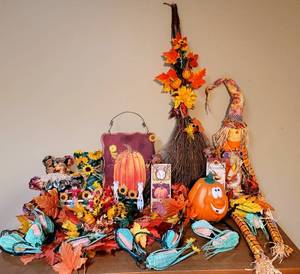lot 8301 image: Large Fall Decor Lot - Metal Signs, Corn String Light, Scarecrow Shelf Sitter, Picks  more