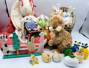 lot 8304 image: Easter Decor Lot  Folk Art Bent Twig Doll Rocker & Bench
