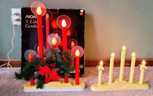 lot 8357 image: Mid Century NOMA 5 Lite Candolier (Red)  Box Full of Molded Plastic Candoliers (2) 5 Lite Candoliers & (6) Single Lite Christmas Lights
