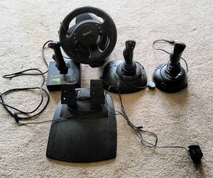 lot 8372 image: Microsoft SideWinder Force Feedback Wheel, (2) Microsoft Joysticks  Thrustmaster Mark I Flight Control System