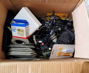 lot 8373 image: Box Full of Variety of Items - Mouse, Mouse Holder & Cleaning Kit, Telecom Cords & Accessories  more