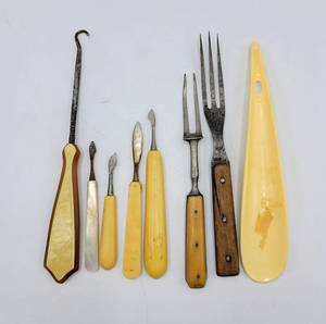 lot 8376 image: (8) Vintage Celluloid Button Hook, Nail Tools, Shoe Horn  Forks