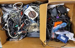 lot 8414 image: Huge Lot of Misc Electronic Items & Cords - phones, Digital Satellite finder, 2-way Splitter, Car Chargers, Computer Mouse
